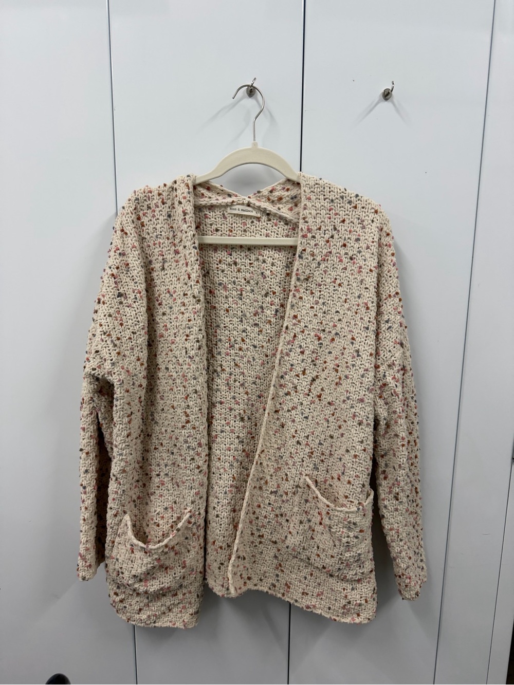 moon & madison Cream Speckled Open-Front Cardigan with Pockets
